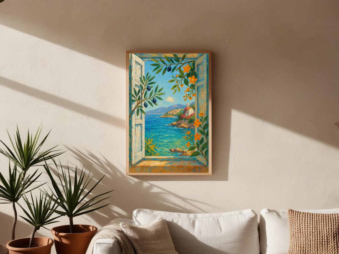 Mediterranean Window View, Coastal Olive Tree - Image 3