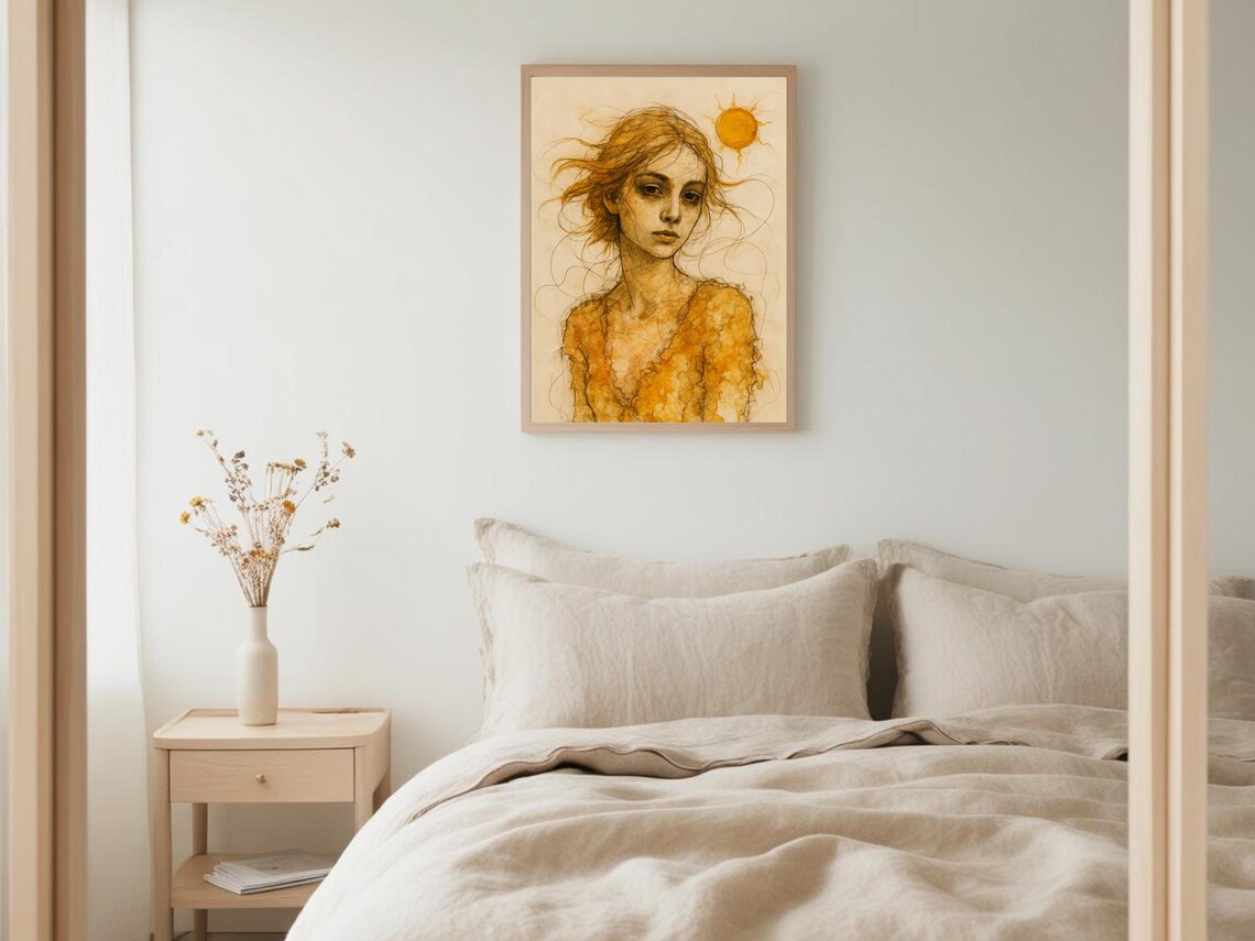 Golden Sun Woman Portrait, Boho Summer Decor - Image 2