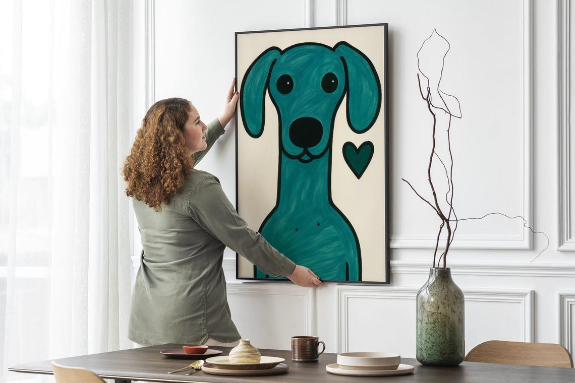 Whimsical Puppy Drawing With Heart, Nursery Decor
