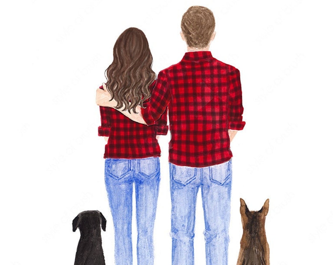 Couple in Matching Red Plaid Shirts with Dog and Cat Watercolor Poster - Image 2