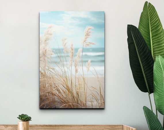 Sea Grass Swaying on the Beach with Soft Ocean Waves Beyond Poster