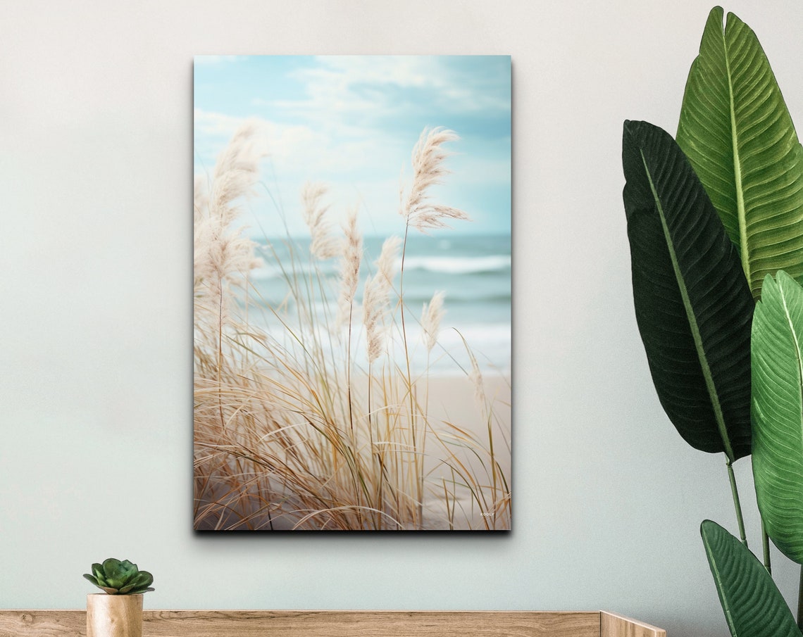 Sea Grass Swaying on the Beach with Soft Ocean Waves Beyond Poster