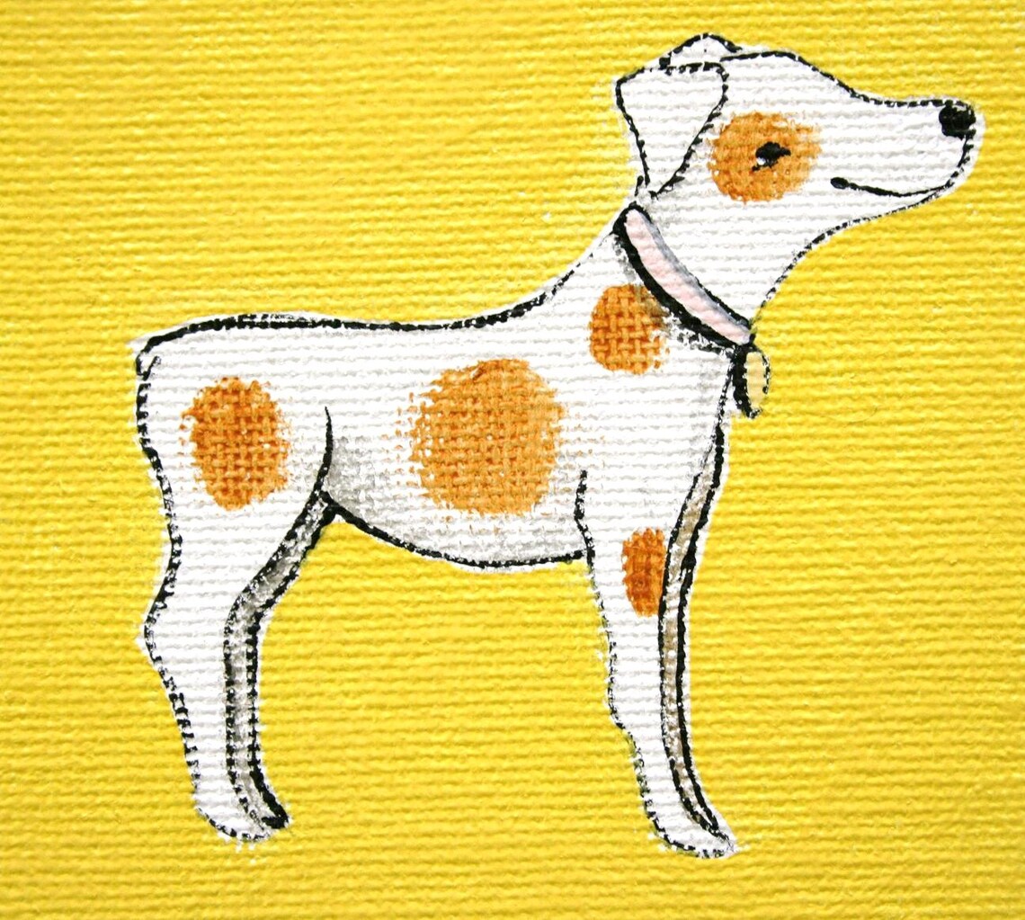 Spotted White Dog Orange Dots Sunny Yellow Background Puppy Poster