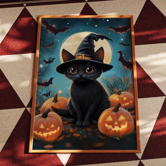 Black Cat Witch Hat Halloween Pumpkin Night Magical Moon Poster
