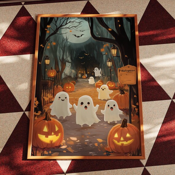 Cute Ghosts Poster Pumpkin Poster Halloween Wall Decor Spooky Art Creepy Poster Trendy Decor Dark Aesthetic Art Halloween Party Decor