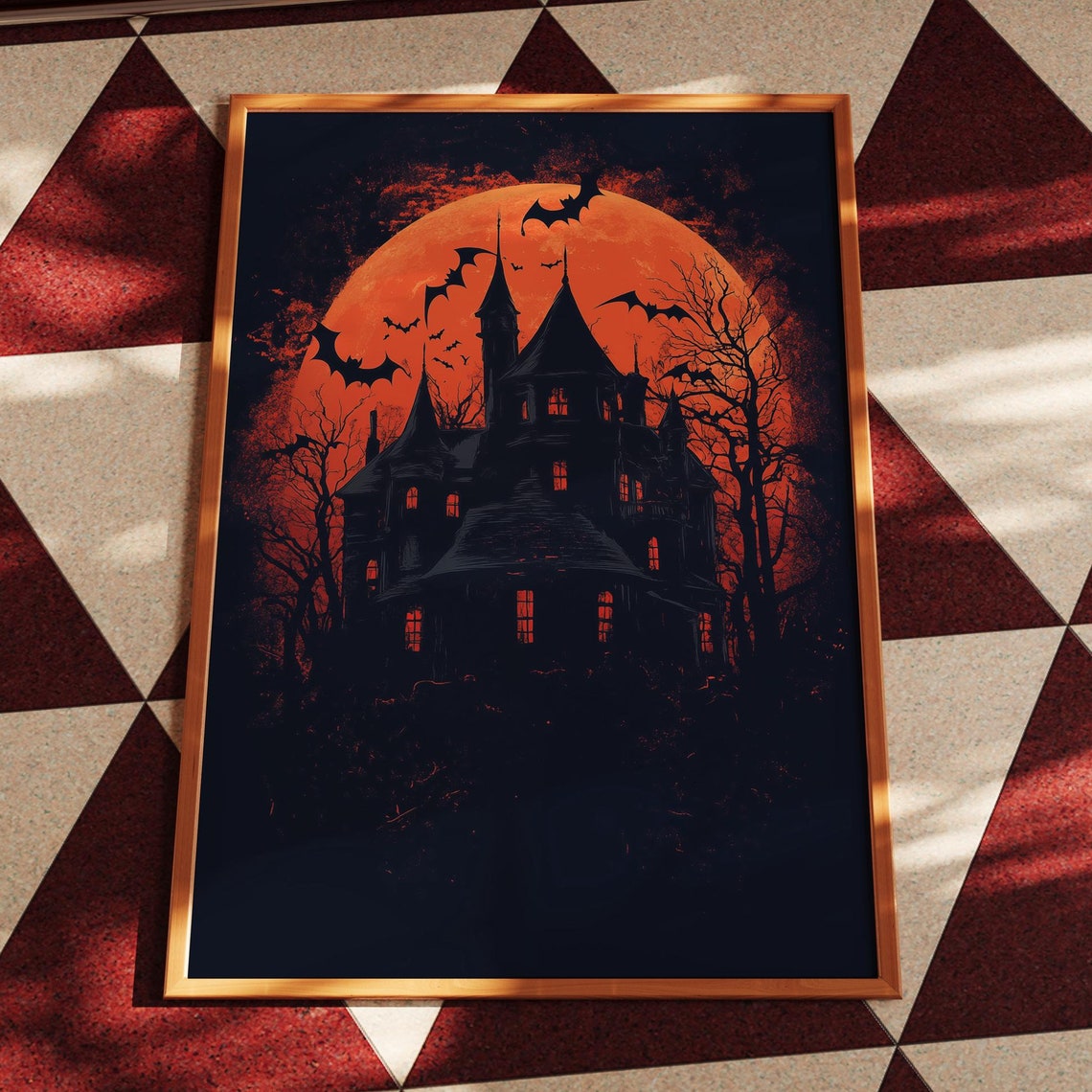 Haunted House Giant Orange Moon Bats Halloween Horror Night Poster
