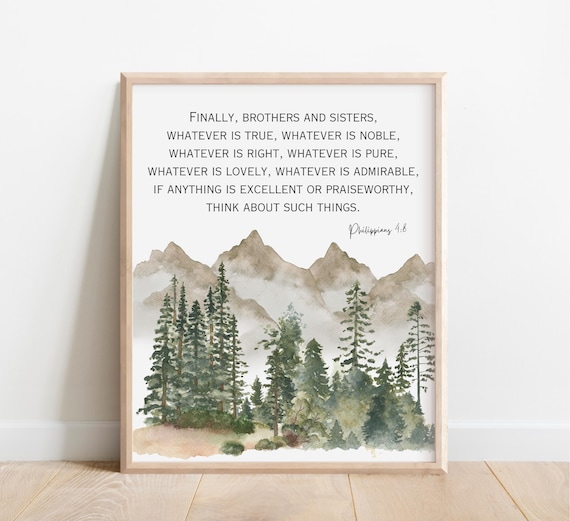 Philippians 4 8 Watercolor Pine Forest Mountain Bible Verse Print