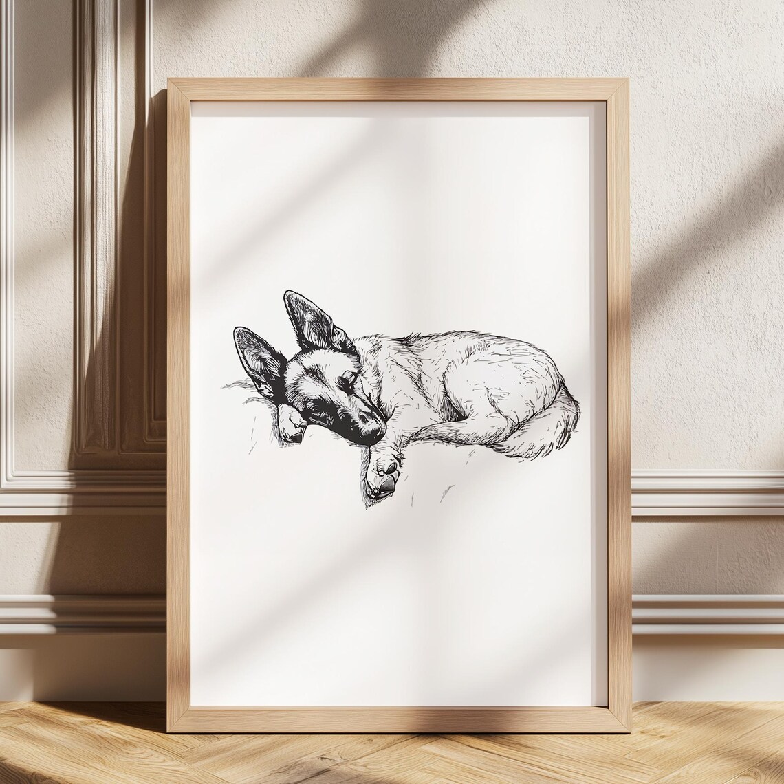 German Shepherd Sleeping Illustration Dog Drawing Art Poster Vintage Print Wall Antique Painting