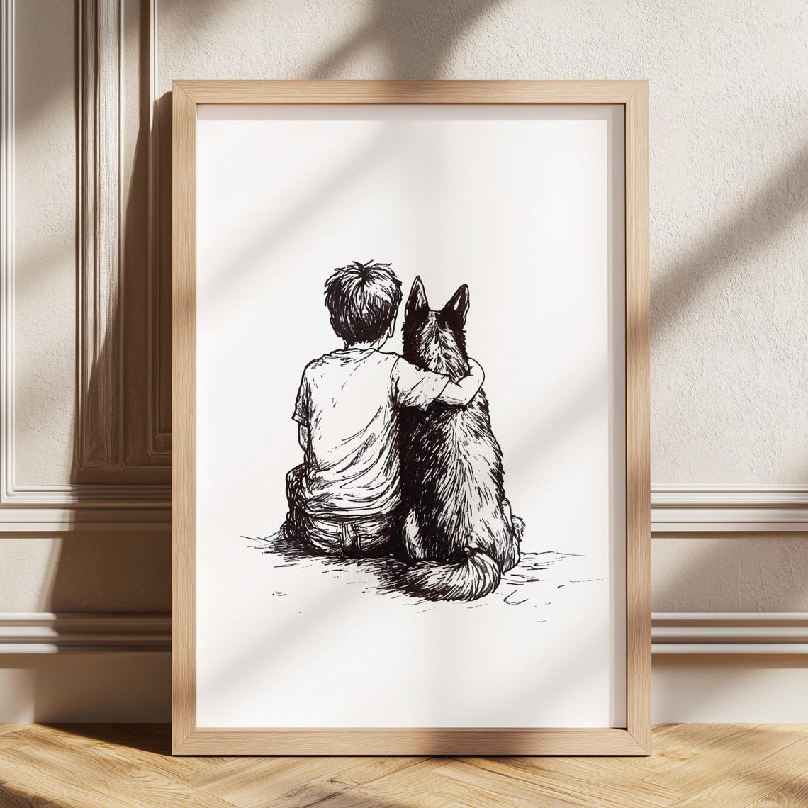 Boy And German Shepherd Sketch Heartfelt Dog Friendship Drawing Poster