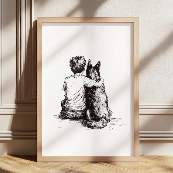 Boy And German Shepherd Sketch Heartfelt Dog Friendship Drawing Poster