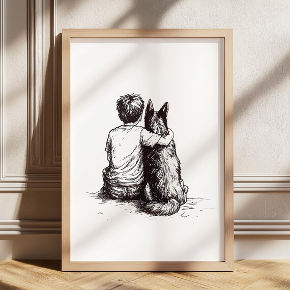 Little Boy With Puppy Dog Print Sketch Art Nursery Vintage Poster Retro Drawing Kids Room Decor Boys