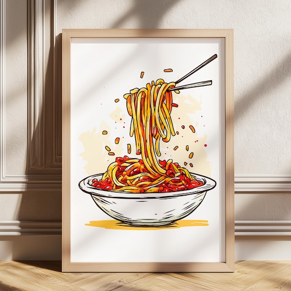 Spaghetti Pasta Bowl Illustration Retro Kitchen Food Art Poster