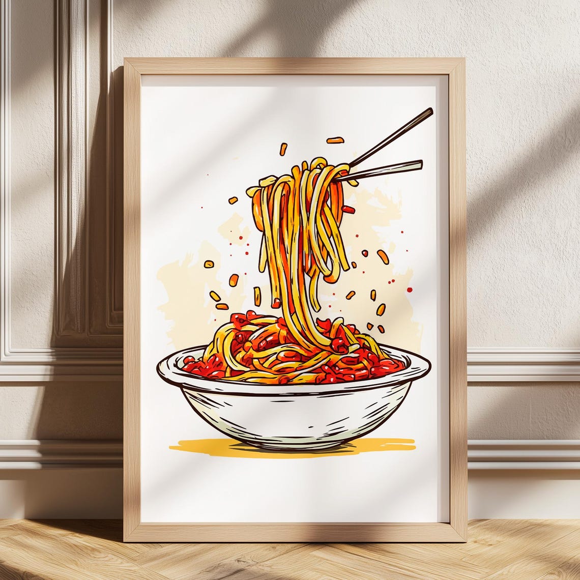 Spaghetti Pasta Bowl Illustration Retro Kitchen Food Art Poster