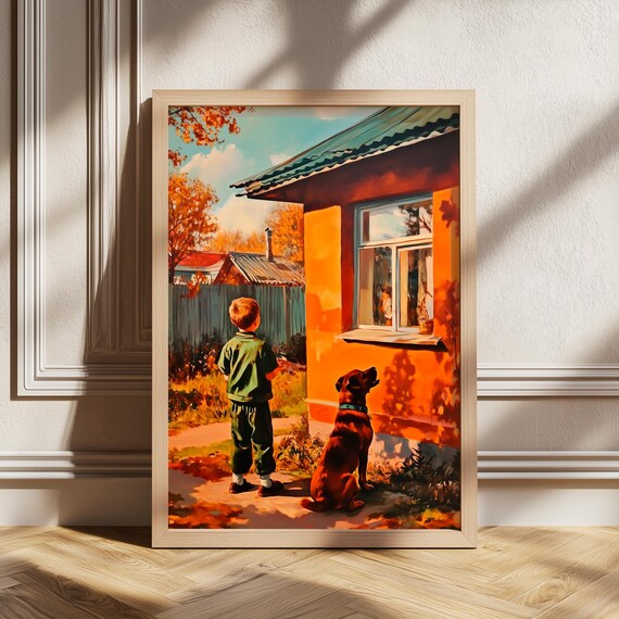 Storybook Painting Retro Nostalgic Art Boy And Dog Autumn Scene Illustration Childhood Memories Golden Retriever