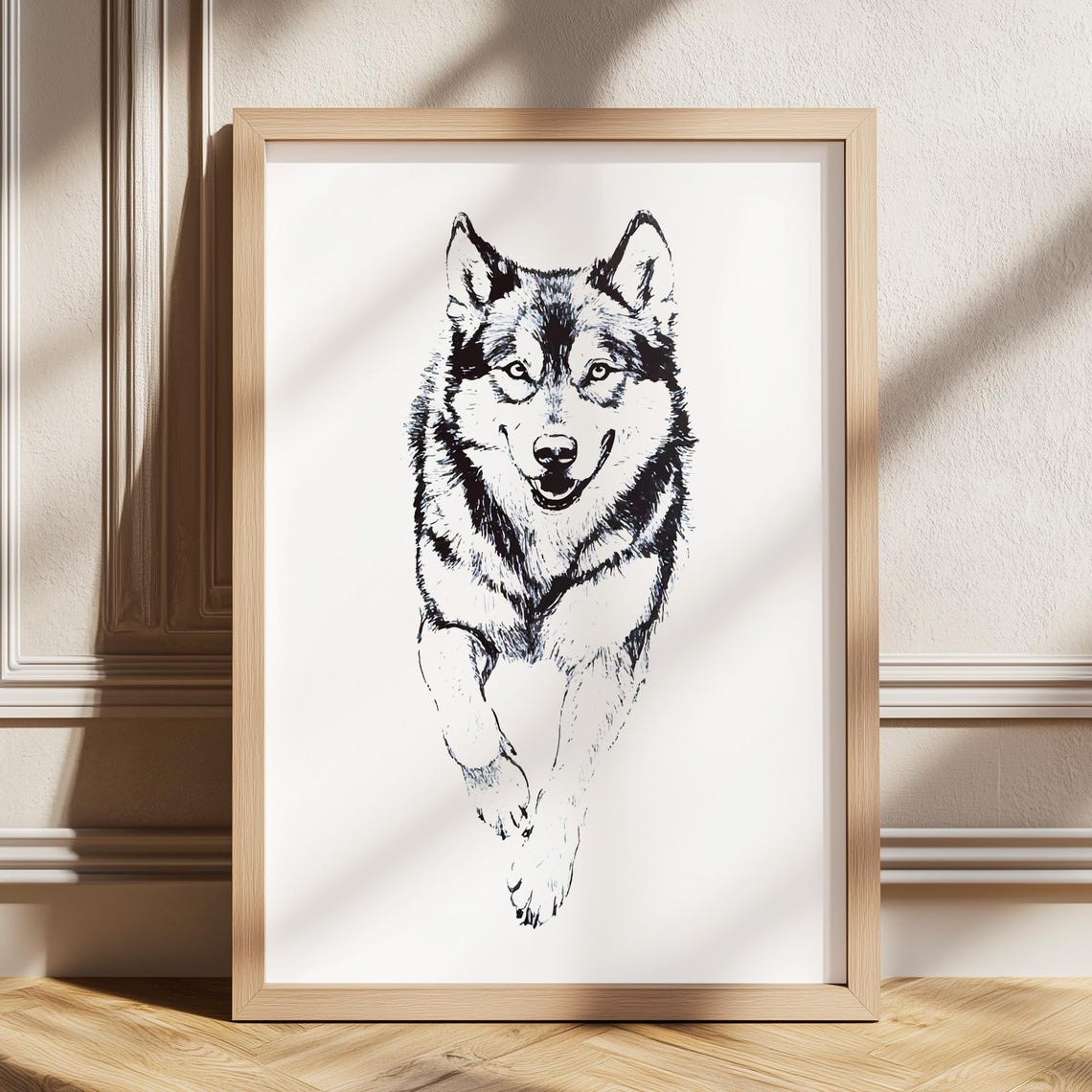 Running Husky Dog Sketch Black and White Dynamic Animal Wall Art