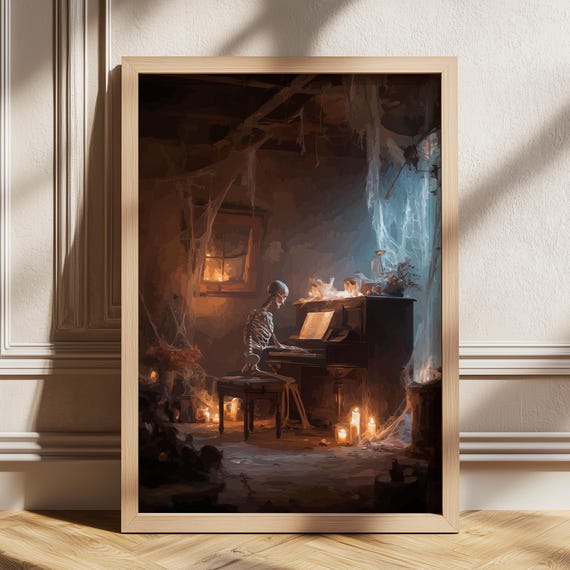 Skeleton Print Plays Piano Vintage Halloween Art Poster Spooky