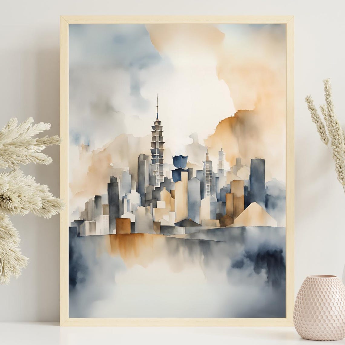 Taipei 101 Tower Watercolor Cityscape Abstract Skyline Art Poster