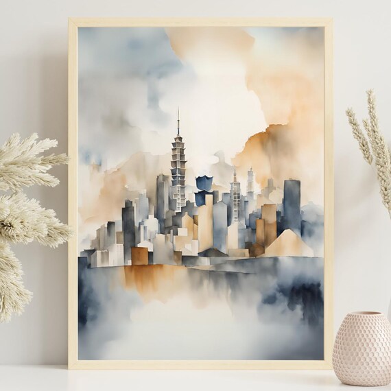 Taipei Taiwan Watercolor Art Painting Style Abstract Print Taiwanese American Gift 101 City