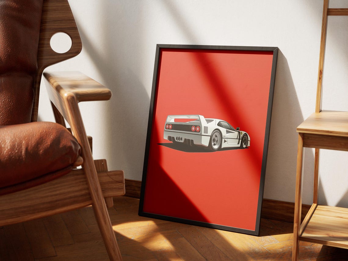 White Ferrari F40 Rear View Bold Red Background Modern Poster - Image 3