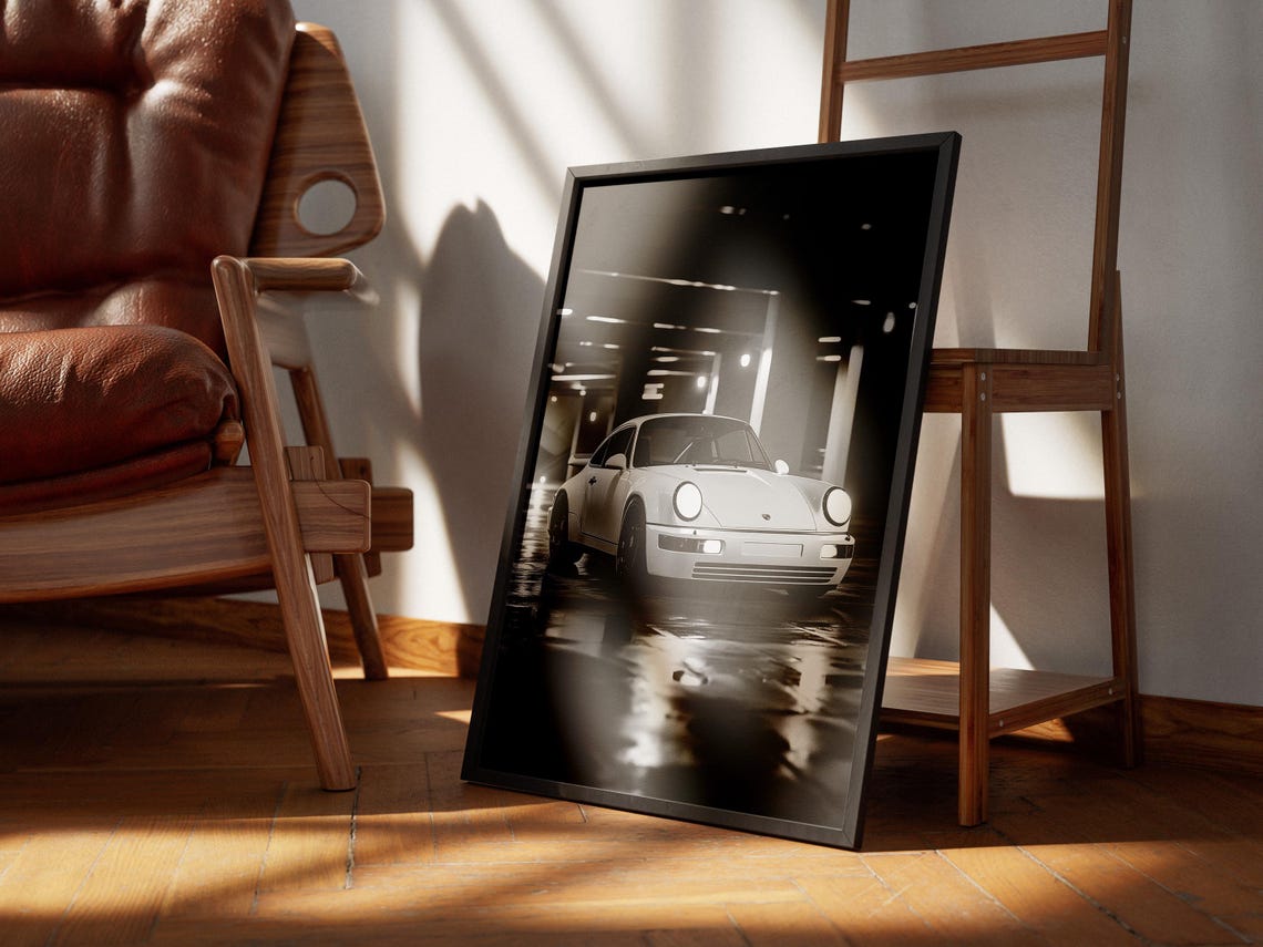 White Porsche 911 Night Garage Black And White Moody Photo Poster - Image 2