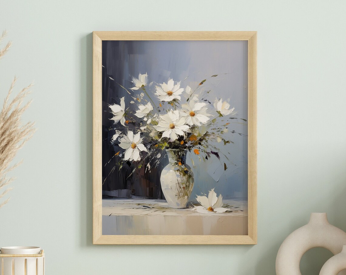 White Cosmos Flowers Vase Impressionist Floral Blue Moody Art Poster - Image 3