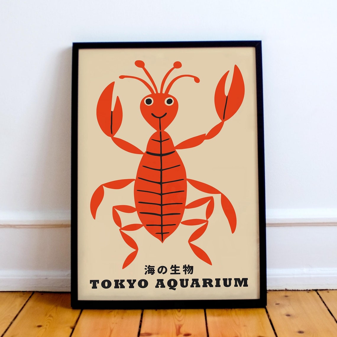 Vintage Tokyo Aquarium Poster with a Smiling Cheerful Red Lobster