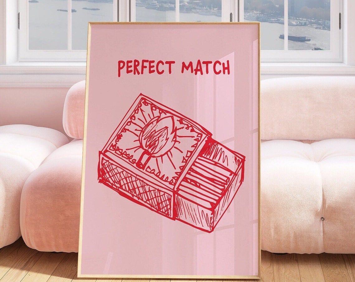 Perfect Match Red Matchbox Sketch On Blush Pink Couples Poster - Image 2