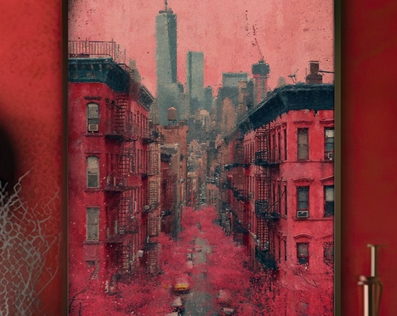 Urban Dreamscape A Fusion Of Moody Rainy City And Crimson Cherry Blossom Surreal And Vintage Inspired Wall Art