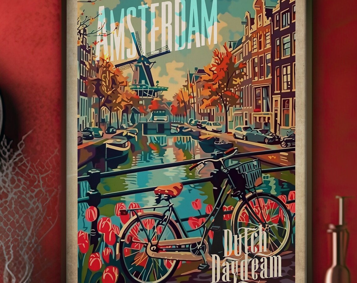 Amsterdam Dutch Daydream Canal Bicycle Tulips Retro Travel Poster