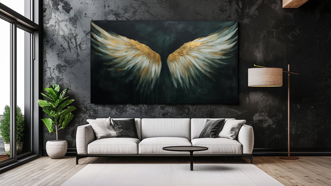 Dark Green Gold Angel Wings Painting Moody Gothic Art Poster