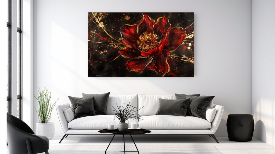 Red Flower Gold Accents Dark Floral Oil Painting Luxury Art Poster