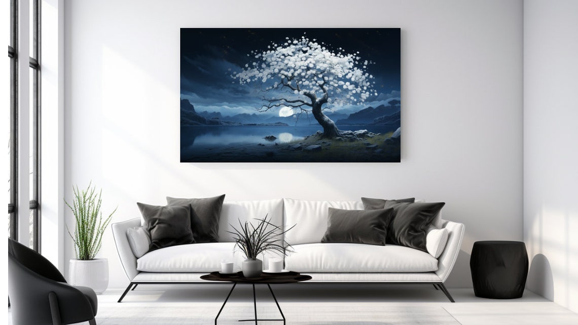Blossom Tree Moonlight Night Lake Still Water Blue Dark Nature Poster