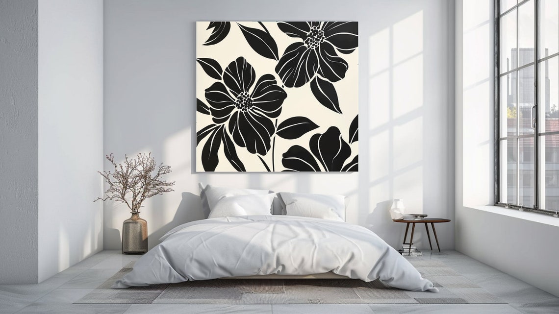 Large Scale Black White Floral Botanical Print Cream Background Art