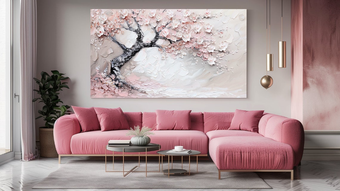 Blossoming Cherry Tree Impasto Painting Pink Spring Wall Art