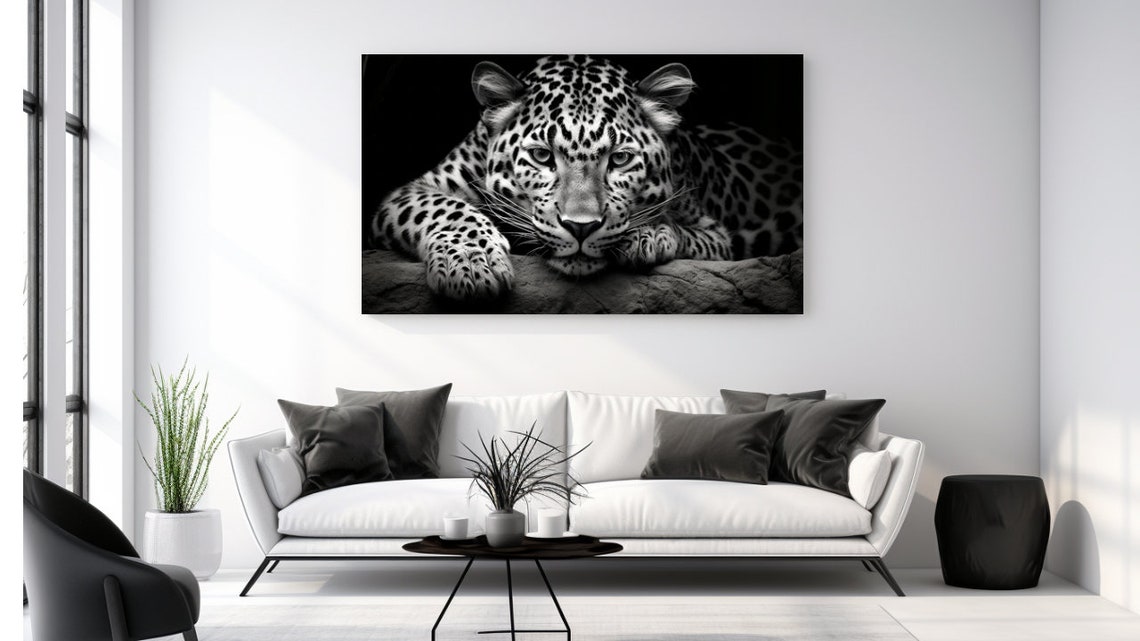 Intense Leopard Resting Front View Black and White Wildlife Print