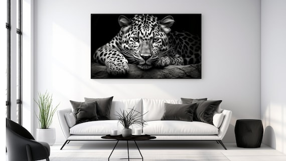 Intense Leopard Resting Front View Black and White Wildlife Print