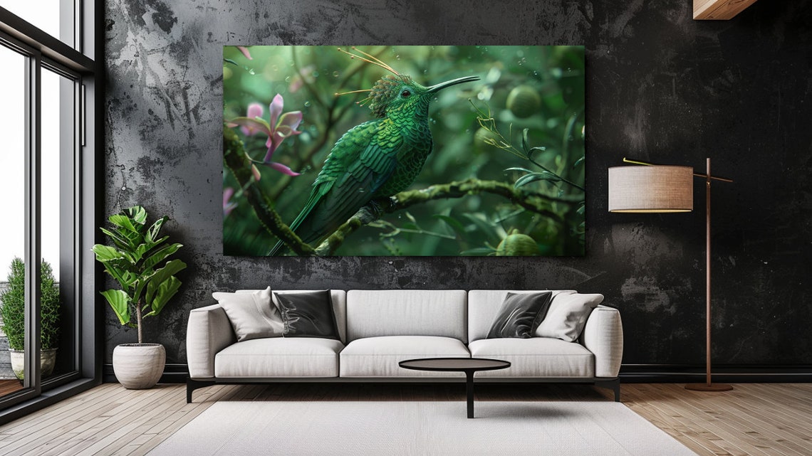 Green Hummingbird Branch Pink Blossoms Iridescent Bird Poster
