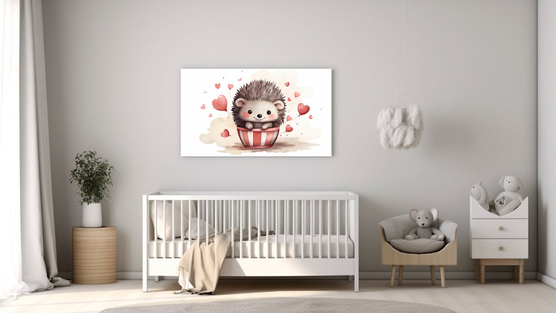 Hedgehog in Striped Teacup with Floating Hearts Nursery Poster