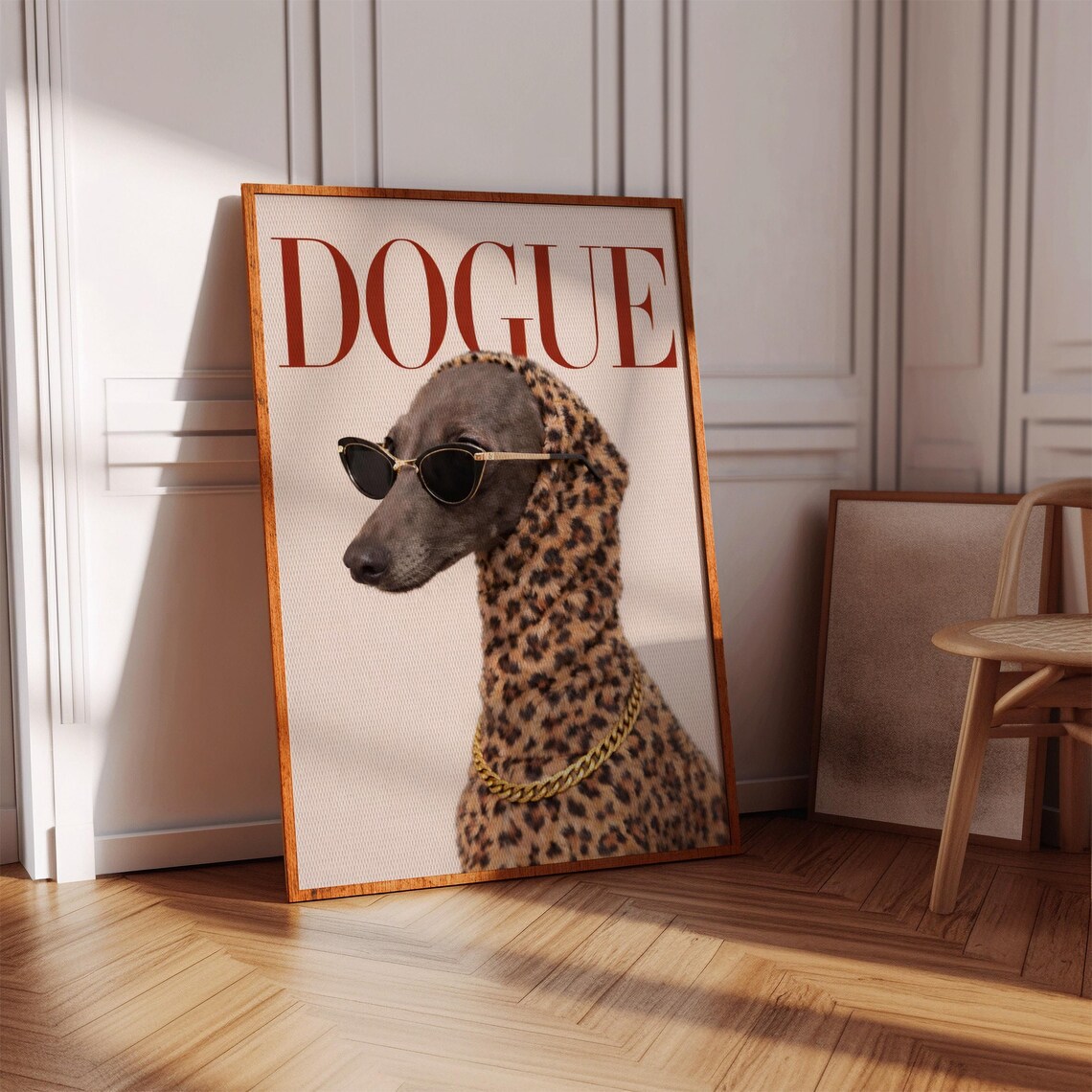 Dogue Magazine Poster Greyhound Leopard Coat Sunglasses Fashion Dog Art