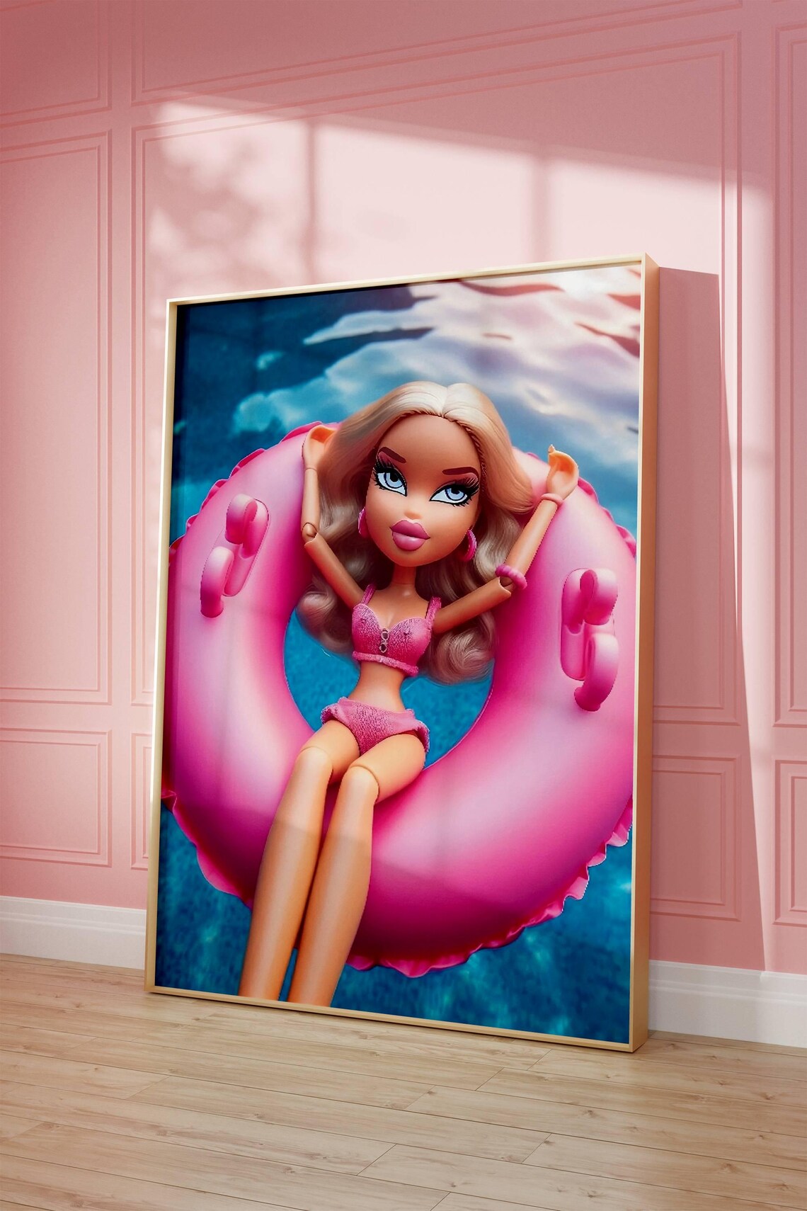 Blonde Fashion Doll Pink Pool Float Summer Beach Party Poster
