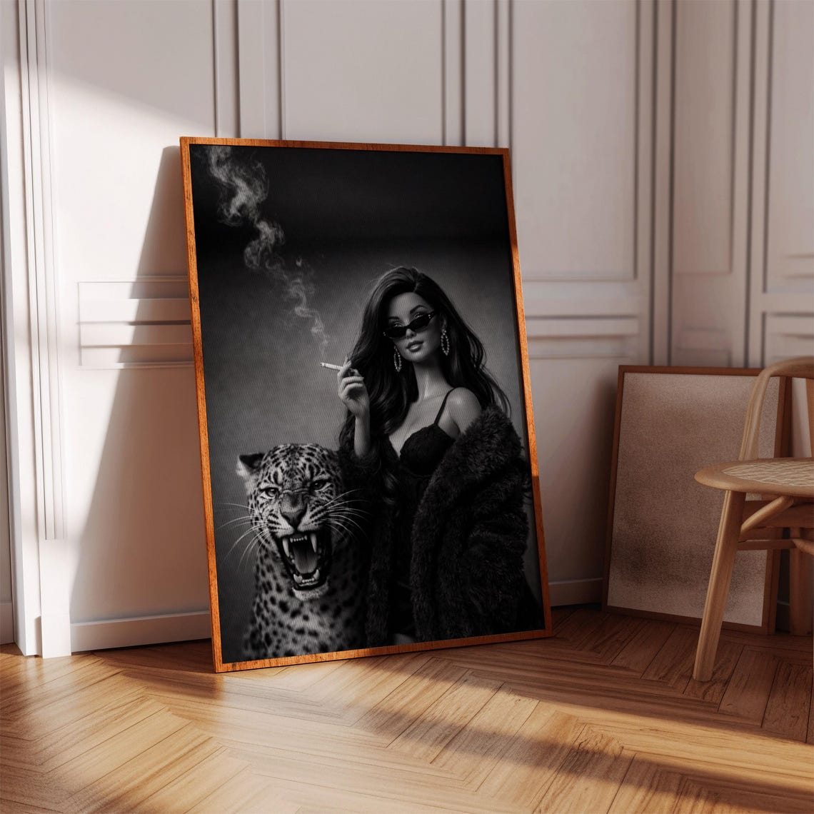 Dark Glam Black White Woman Fur Coat Leopard Portrait Art Poster