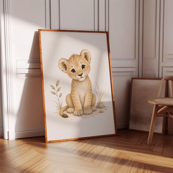 Baby Lion Cub Watercolor Poster Neutral Safari Nursery Room Decor