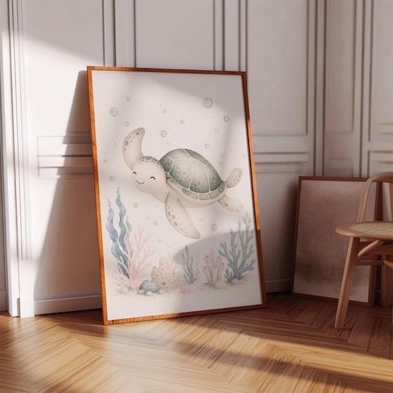 Gentle Baby Sea Turtle Watercolor Ocean Nursery Animal Art Poster