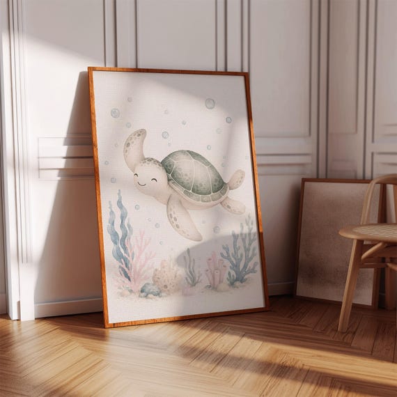Sea Turtle Nursery Wall Art Ocean Bubbles Baby Room Decor Animal Print