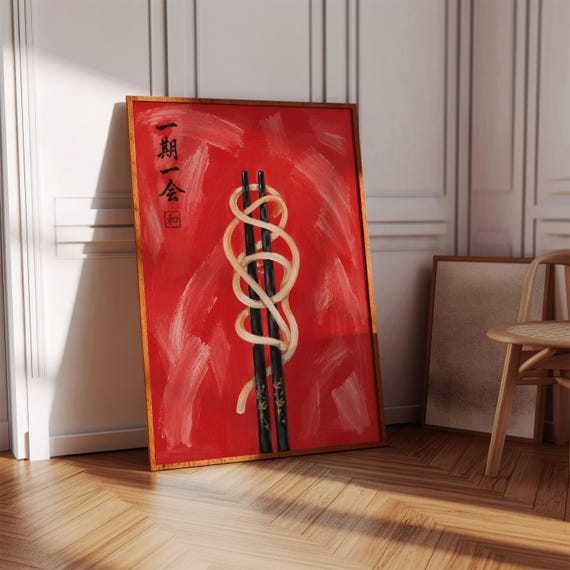 Chopsticks With Ramen Noodle Poster Japanese Style Red Kitchen Decor Wall Art Print