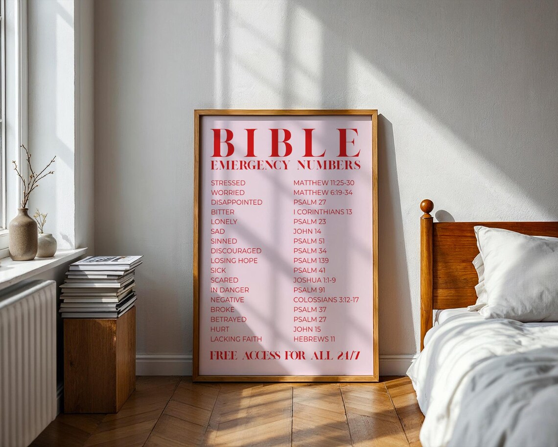 Pink Bible Emergency Numbers Scripture Verse Christian Faith Decor Poster