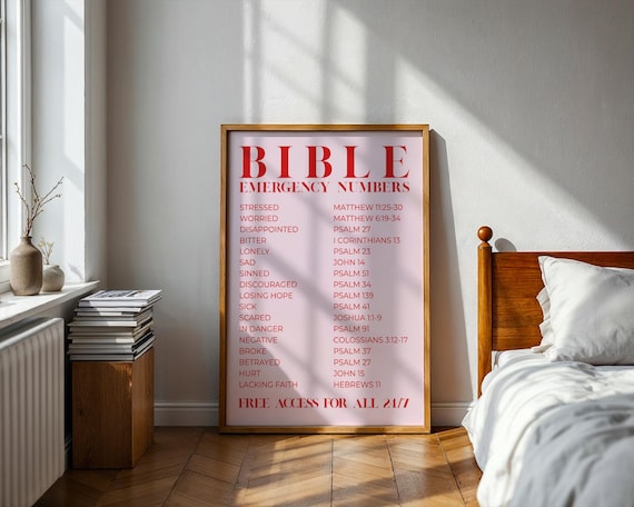Pink Bible Emergency Numbers Scripture Verse Christian Faith Decor Poster