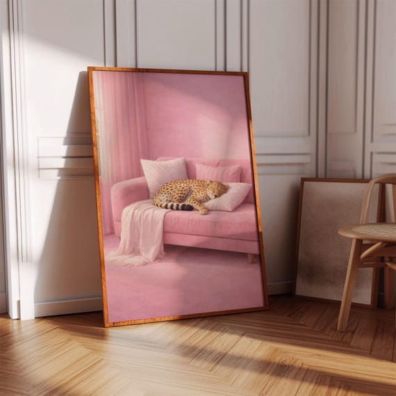 Cheetah Print Sleeping Animal Poster Pink Wall Decor Trendy Bedroom Art
