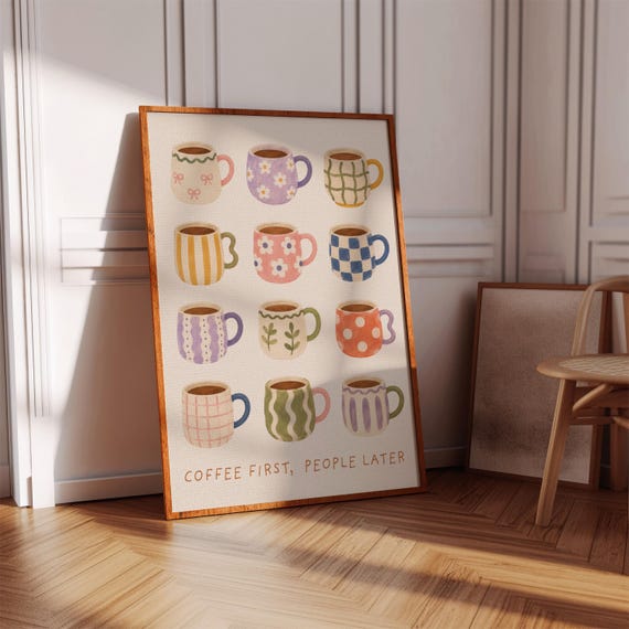 Coffee First People Later Art Print, Whimsical Kitchen Decor