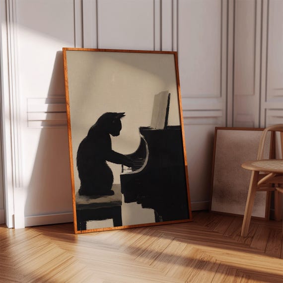 Black Cat Piano Poster Minimalist Silhouette Painting Dark Academy Wall Art